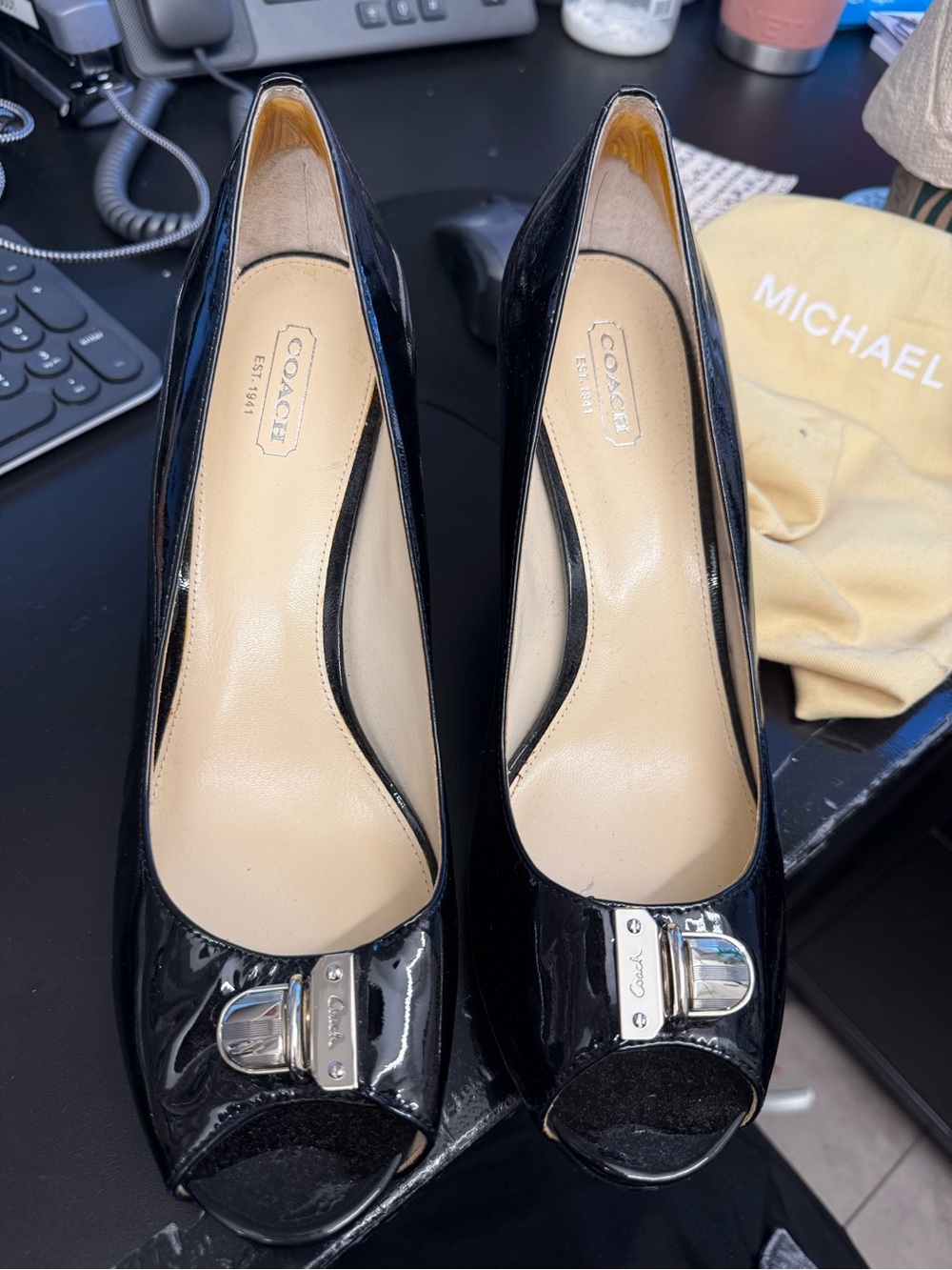Coach Black Patent Leather Peep-Toe Heels with Silver Accent